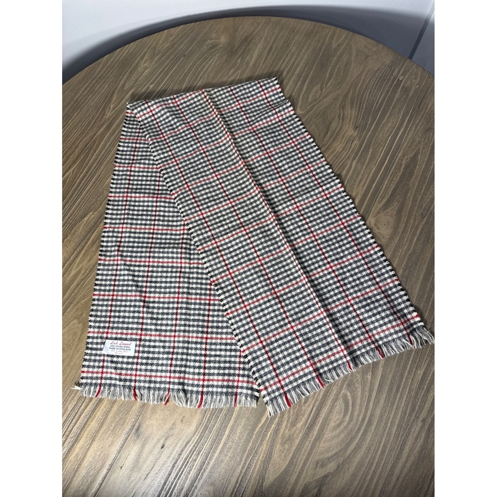 Vintage Loch Lomond Scarf Grey Red Plaid 100% Pure Wool England Tartan